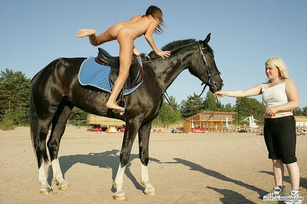 Young nudists girls ride on horseback Pirenudism photo [Euronat naturism]